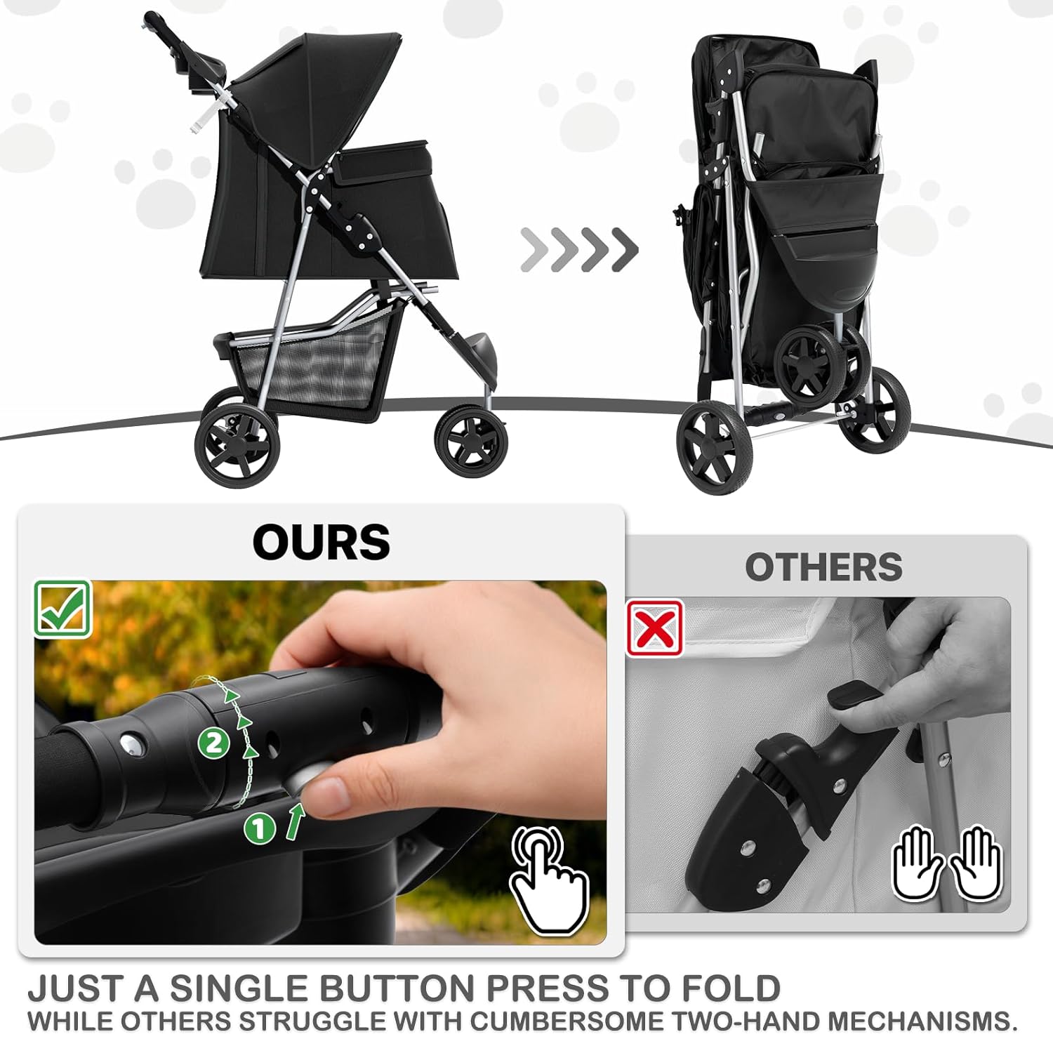 MoNiBloom Foldable Pet Stroller with Weather Cover, 3 Wheels Pet Strolling Cart for Small/Medium Dogs and Cats with Storage Basket and Cup Holder, Breathable and Visible Mesh for All-Season, Black - Pawvie
