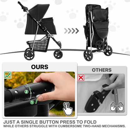 MoNiBloom Foldable Pet Stroller with Weather Cover, 3 Wheels Pet Strolling Cart for Small/Medium Dogs and Cats with Storage Basket and Cup Holder, Breathable and Visible Mesh for All-Season, Black - Pawvie
