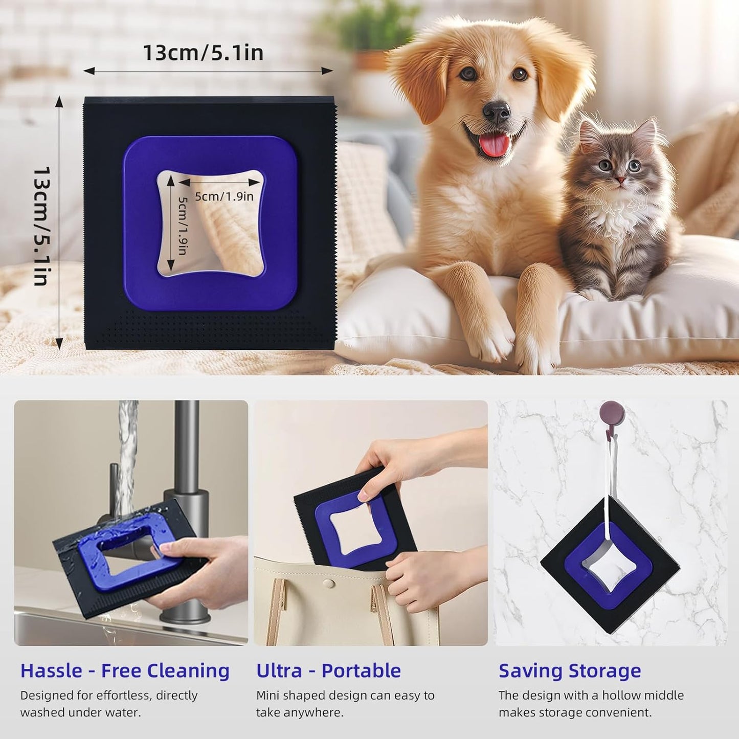 3 in 1 Mini Pet Hair Removal Tool, Dog and Cat Square Hair Remover for Car Detailing Supplies, Clothes, Couch and Carpet, Fur Cleaning Supplies for Furniture-Ergonomic and Anti-Slip, Mini Pet Supplies