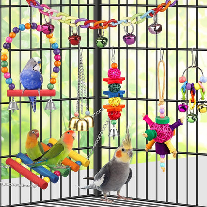 Bird Toys for Conures with Colorful Ladder Hammock Bird Cage Accerious Bird Perch Stand Chewing Toys Hanging Bell for Parrot Parakeet Cockatiel Lovebirds