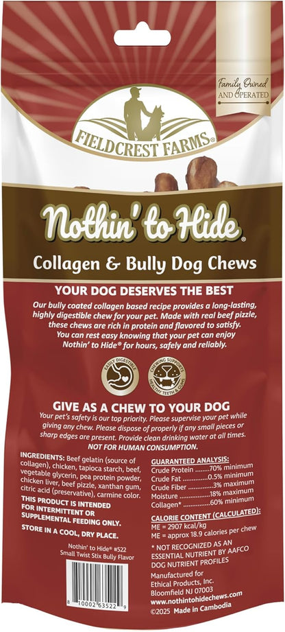 Fieldcrest Farms Nothin' to Hide Twist Stix, Beef Bully Flavor, Easily Digestible, Supports Skin, Coat, Joints & Muscles, for Moderate Chewers Under 15lbs, 10 Pack