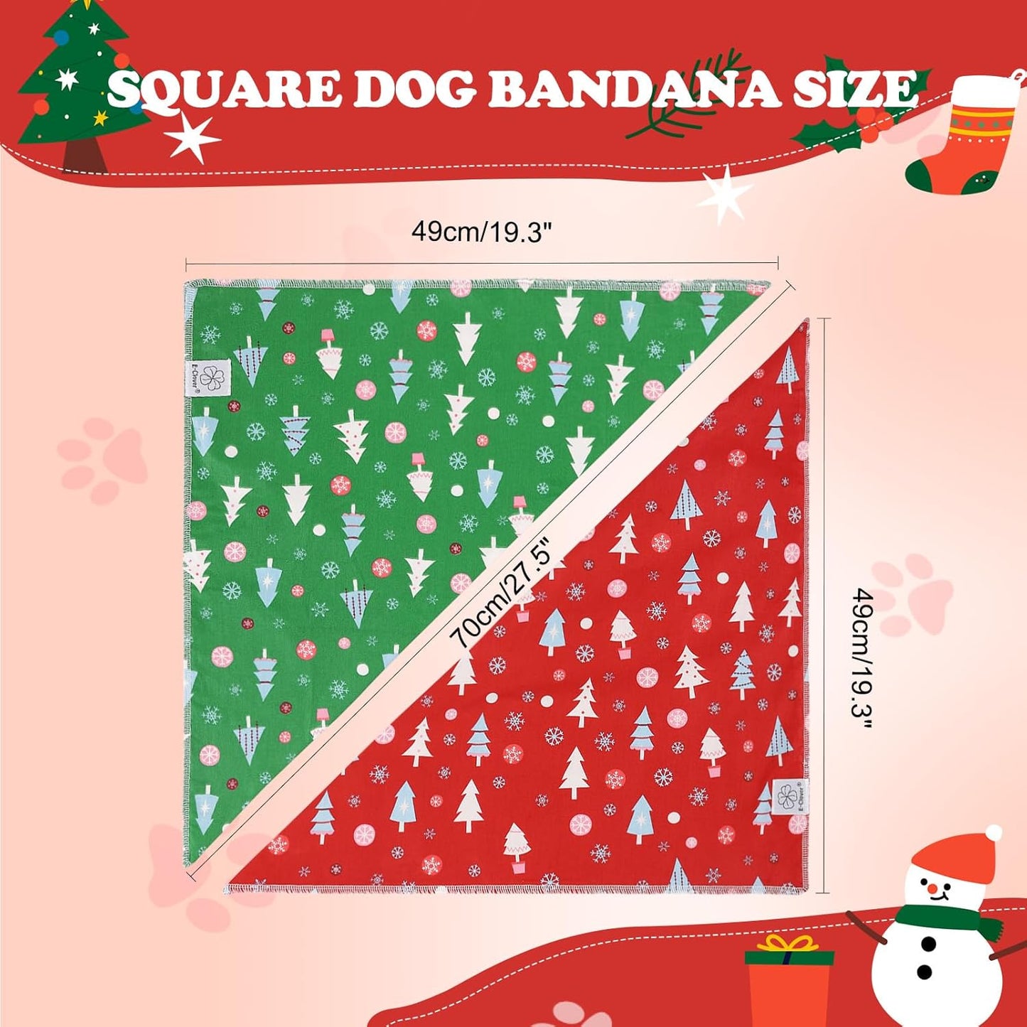 E-Clover Christmas Dog Bandanas Winter Scarf for Dog Boy Girl Christmas Tree Costumes Accessories for Medium Large Dogs Green Red