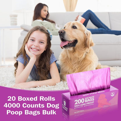 Sherr 20 Boxed Rolls 4000 Counts Dog Poop Bags Bulk Leak Proof Dog Waste Bags Universal Pet Doggy Waste Poop Box for Puppy Pets Outdoor Walking and Travel, 20 Rolls of 200 (Purple)