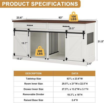 Large Dog Crate Furniture - Wooden Indoor Dog Kennel Furniture for 2 Dogs with Sliding Barn Door and Removable Divider, Heavy Duty Dog Crate Table, 63" L x 23.6" W x 31.5" H, White