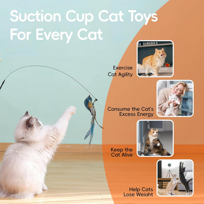 Interactive Bird Simulation Cat Feather Toy Set Cat Retractable Wand Toys Suction Cups Base,Include Detachable 7 Pcs Replacements Feathers Toys
