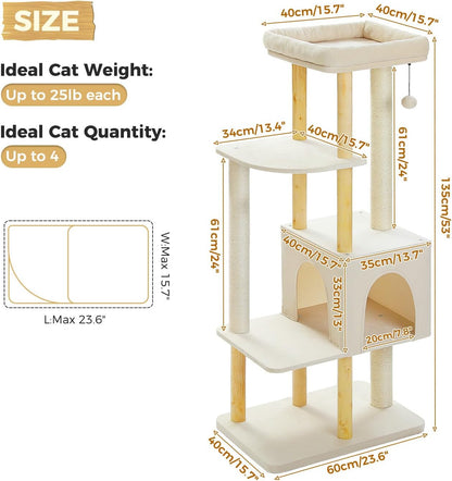 PAWZ Road Large Cat Tree, 53 Inches Modern Wooden Cat Tower for Indoor Large Cats, Multi-Level Cat Condos with Long Scratching Posts and Natural Wood Posts-Beige