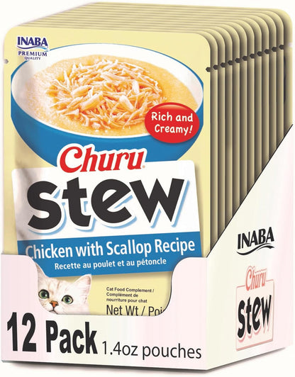INABA Churu Stew for Cats, Side Dish Pouch with Vitamin E, 1.4 Ounces per Pouch, 12 Pouches, Chicken with Scallop Recipe