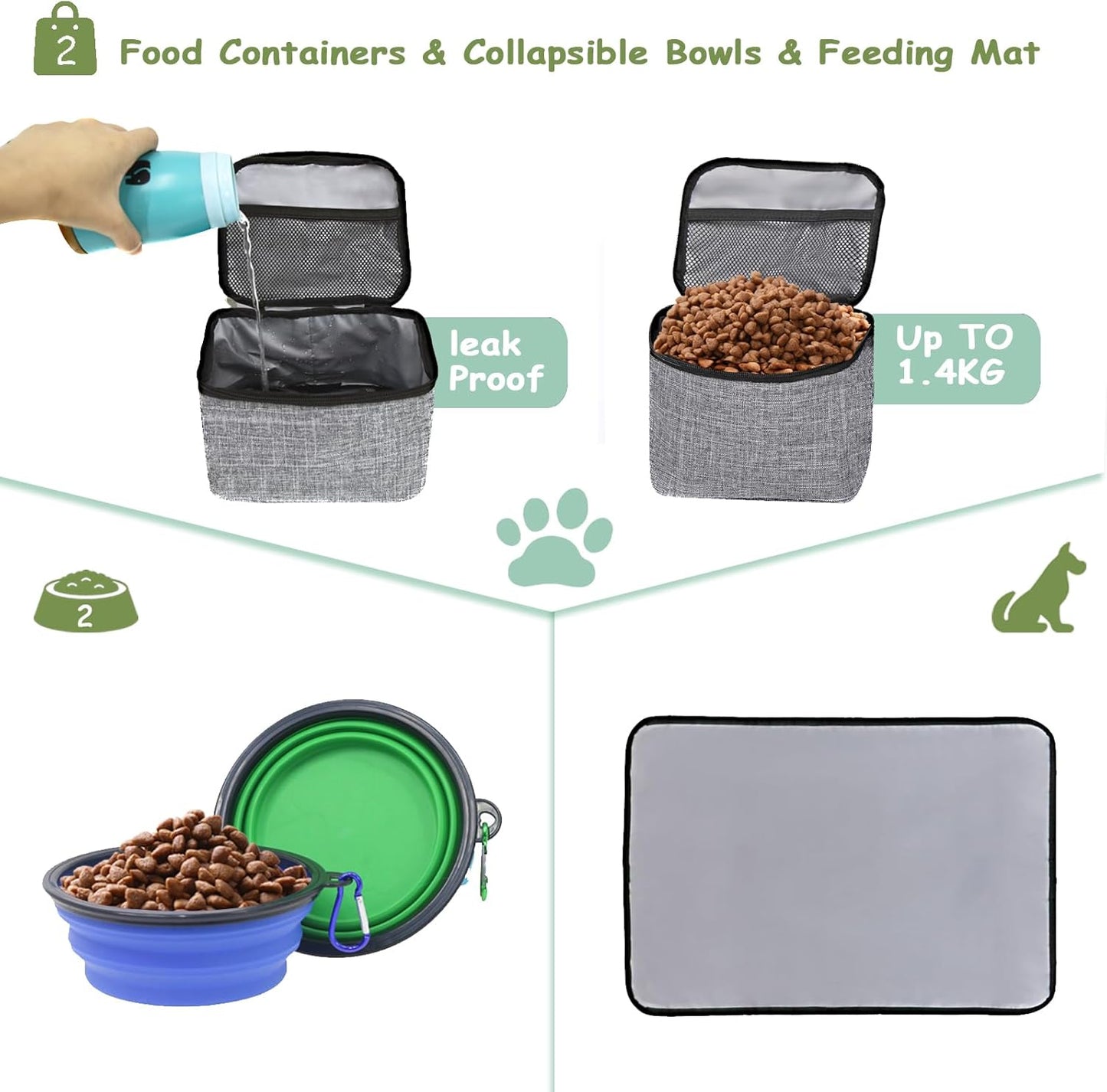 WOLT Dog Travel Bag Dog Bag for Traveling and Supplies with 2 Collapsible Bowls, 2 Food Containers, 1 Place Mat, Grey - Pawvie