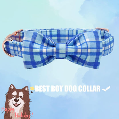 Elegant little tail Dog Collar with Bow - Blue Plaid Boy Dog Collar Cute Bowtie Pet Collar Adjustable Dog Collar for X-Small Puppy and Cat