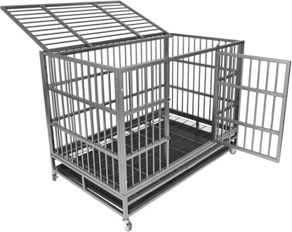 Indestructible Dog Crate Cage Kennel, 47 inches, High Anxiety Dog Crate with Removable Trays, Wheels and Double Door, for Medium and Large Dogs