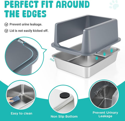 Litter Box with Lid, Stainless Steel Litter Box, 10" Metal Litter Tray High Sides, Small Litter Pan for Kittens, Enclosed Cat Litter Pan, Non-Sticky Covered Grey, Easy Clean