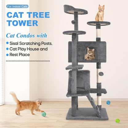FDW Cat Tree 54in Cat Tower Multi-Level Durable Cat Scratching Post & Cozy Fun Cat Jumping Platform Space Saving Cat Condo Pet Play House for Indoor Cats,Light Gray