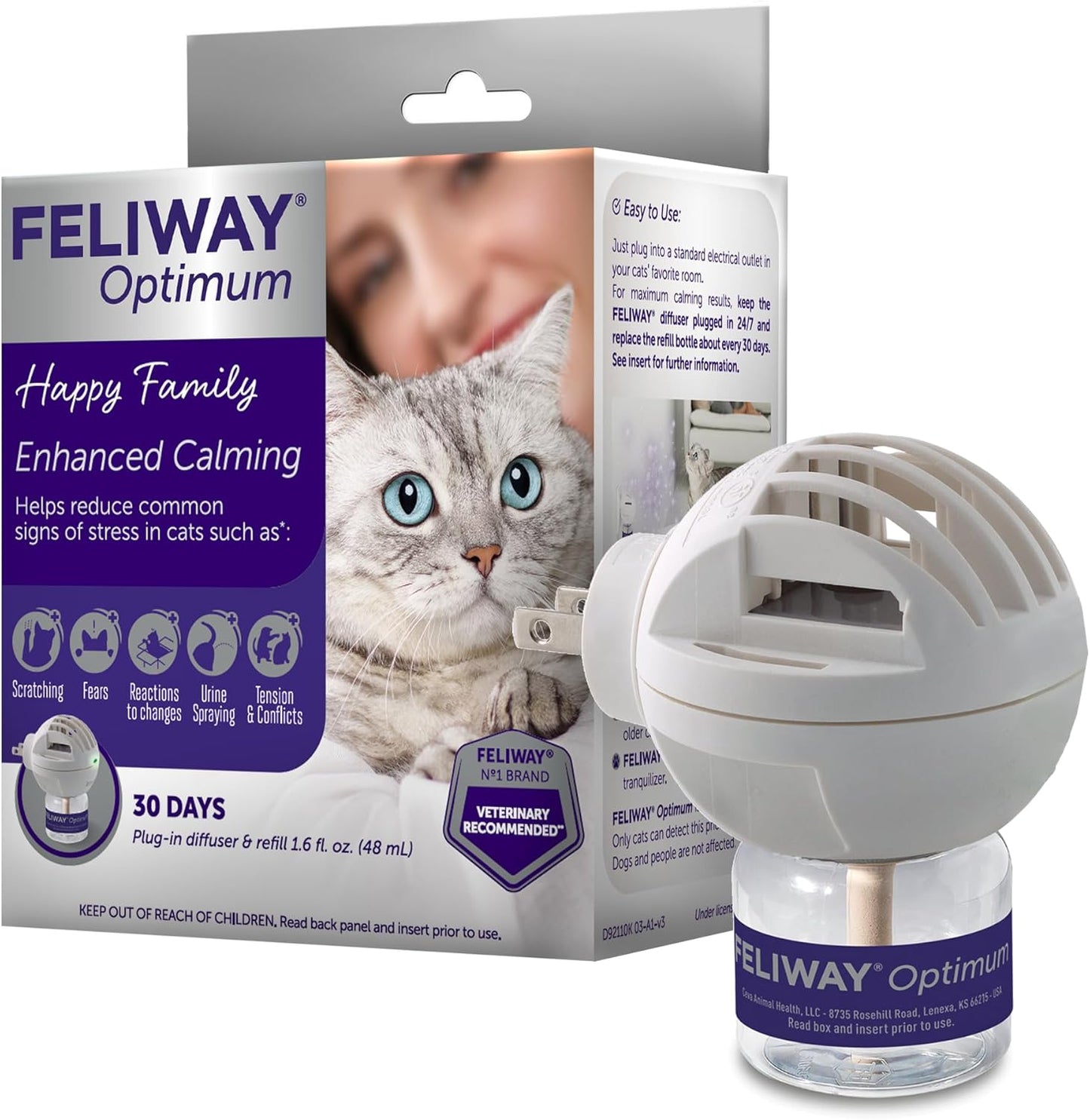 FELIWAY® Optimum 30 Day Cat Calming Plug In Pheromone Diffuser Starter Kit, 48ml - Helps Reduce Common Signs of Stress in Cats & Kittens, Enhanced Calming