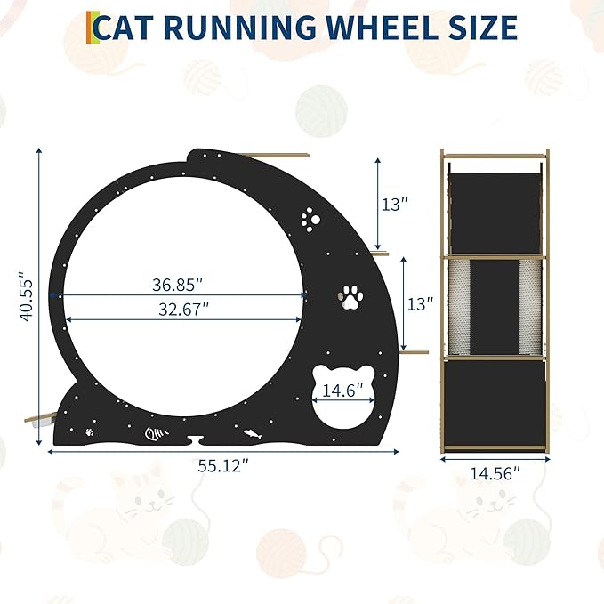 Cat Running Wheel for Indoor Cats, Large 6-in-1 Cat Treadmill with Bowls, Scratch Post & Resting House, Quiet Cats Wheel Exerciser for Kitty Fitness Black