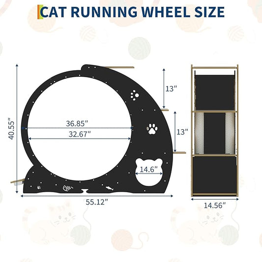 Cat Running Wheel for Indoor Cats, Large 6-in-1 Cat Treadmill with Bowls, Scratch Post & Resting House, Quiet Cats Wheel Exerciser for Kitty Fitness Black