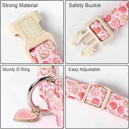DOGWONG Pink Heart Valentine Dog Collar, Medium, Soft, Adjustable, Cute, for Small to Large Dogs