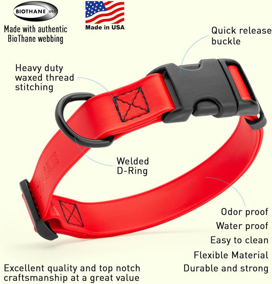 Dogline Biothane Waterproof Dog Collar with Quick Release Buckle Strong Coated Nylon Webbing with Odor- Proof for Easy Care Easy to Clean Fits Small Medium Large Dogs, Red 5/8" W 9-14" L