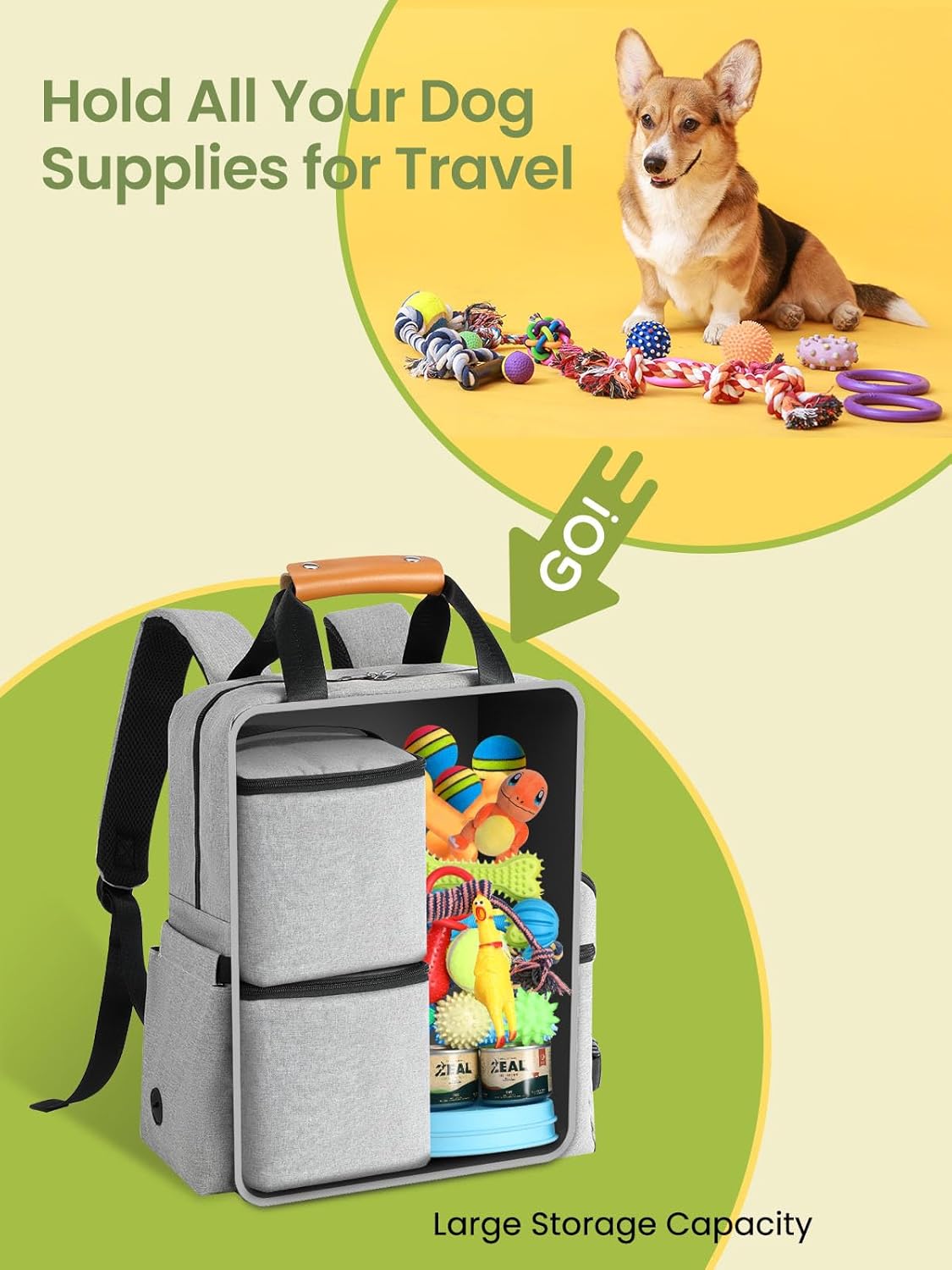 Dog Travel Bag, 25L Airline Approved Dog Travel Backpack for Pet Travel Accessories with 2 Food Storage Containers, 2 Foldable Bowls for Short Trips, Grey - Pawvie