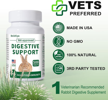 500 Tablets, Digestive Support Rabbit, Support GI Stasis, Bloat, Constipation, and Diarrhea, Strengthens Immune System, Premium Formula with High Fiber, Vitamins and Probiotics, Non-GMO