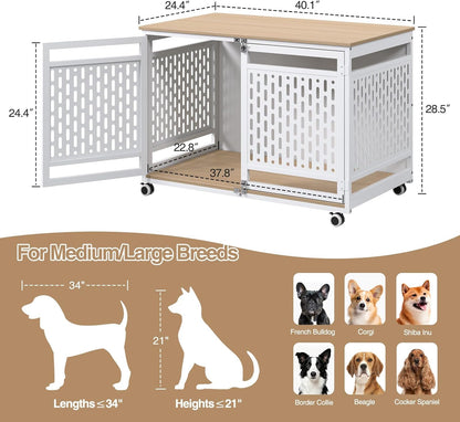 40.1" Dog Crate Furniture for Medium/Large Breed, Dog Kennel Furniture with Wheels, Heavy Duty Wooden End Side Table Pet Cage Indoor, Chew-Resistant, White
