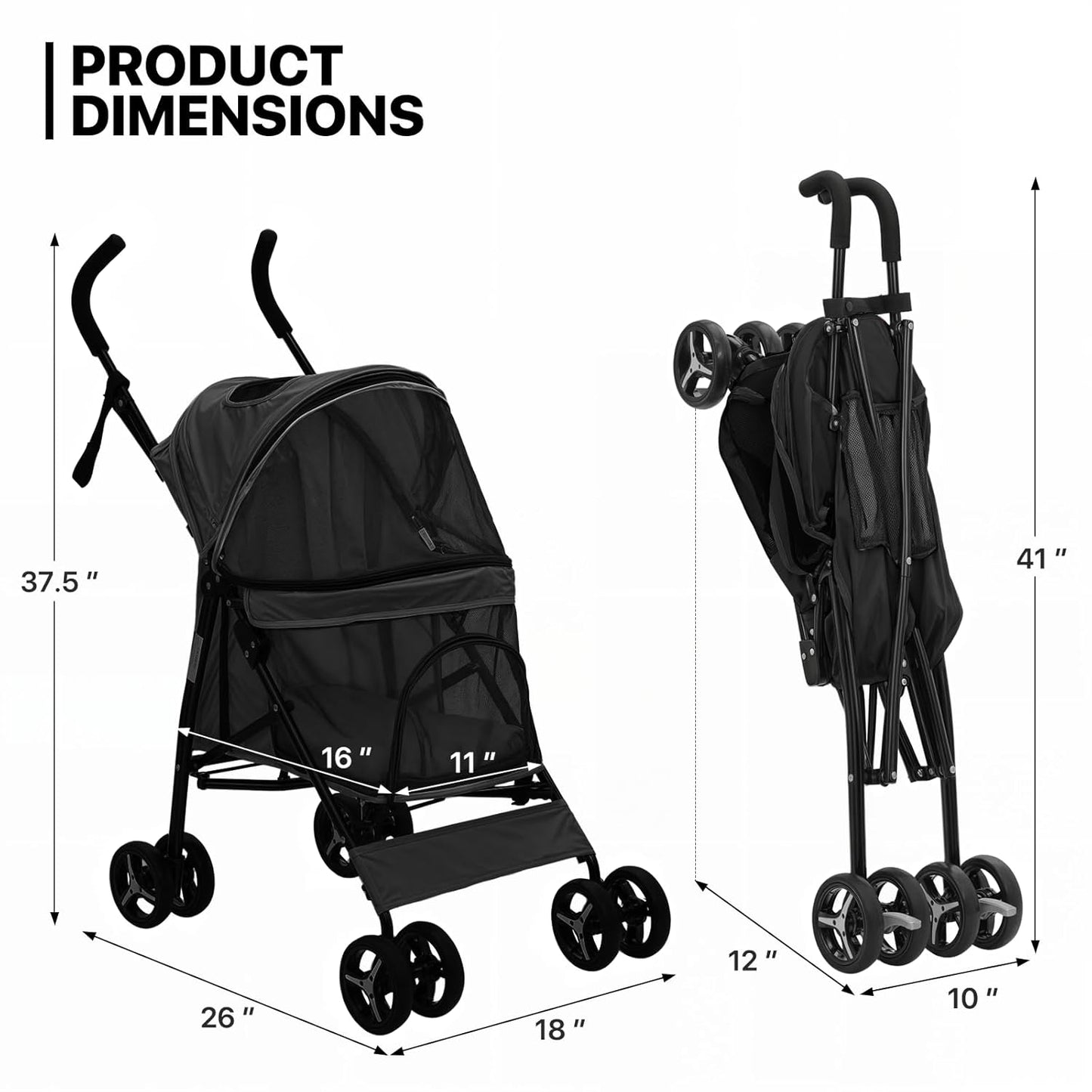 MoNiBloom 4 Wheels Pet Stroller, Easy-Fold Puppy Cage Jogger Stroller with Sun Cover, Pad and Rear Storage Bag, Breathable and Visible Mesh for Small/Medium Pets up to 22 lbs, Black - Pawvie