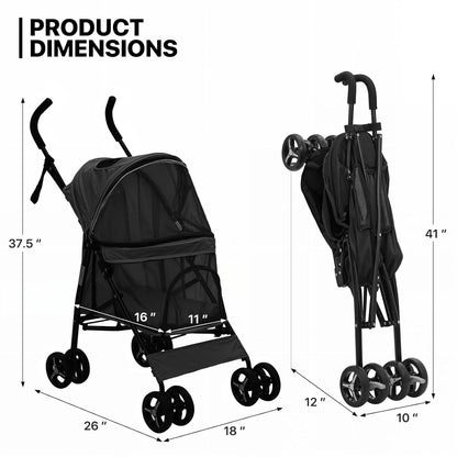MoNiBloom 4 Wheels Pet Stroller, Easy-Fold Puppy Cage Jogger Stroller with Sun Cover, Pad and Rear Storage Bag, Breathable and Visible Mesh for Small/Medium Pets up to 22 lbs, Black - Pawvie