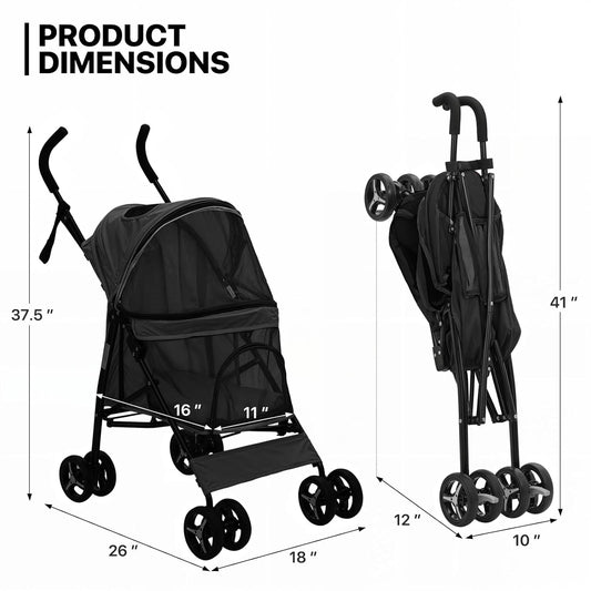 MoNiBloom 4 Wheels Pet Stroller, Easy-Fold Puppy Cage Jogger Stroller with Sun Cover, Pad and Rear Storage Bag, Breathable and Visible Mesh for Small/Medium Pets up to 22 lbs, Black - Pawvie