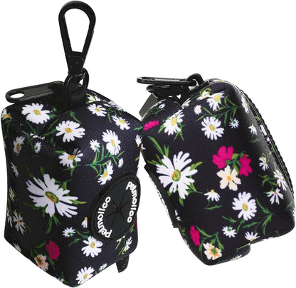 Petmolico Dog Poop Bag Holder Leash Attachment, Dog Waste Bag Dispenser Zippered Pouch, Fits Any Dog Leash, Includes Free Roll of Dog Bags, Poop Bag Dispenser - 2 Packs (White Daisy)