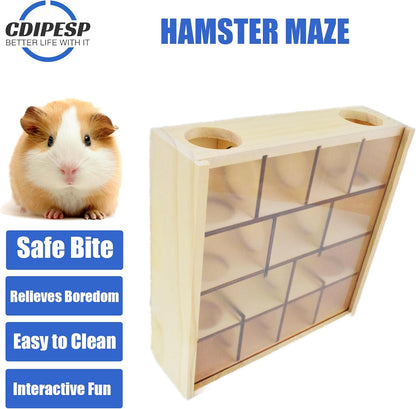 Wooden Hamster Maze with Transparent Acrylic Cover, Multi-Chamber Hamster Hideout House Hamster Toys Gerbil Maze for Dwarf Hamsters Gerbils Mice and Other Small Furry Animals