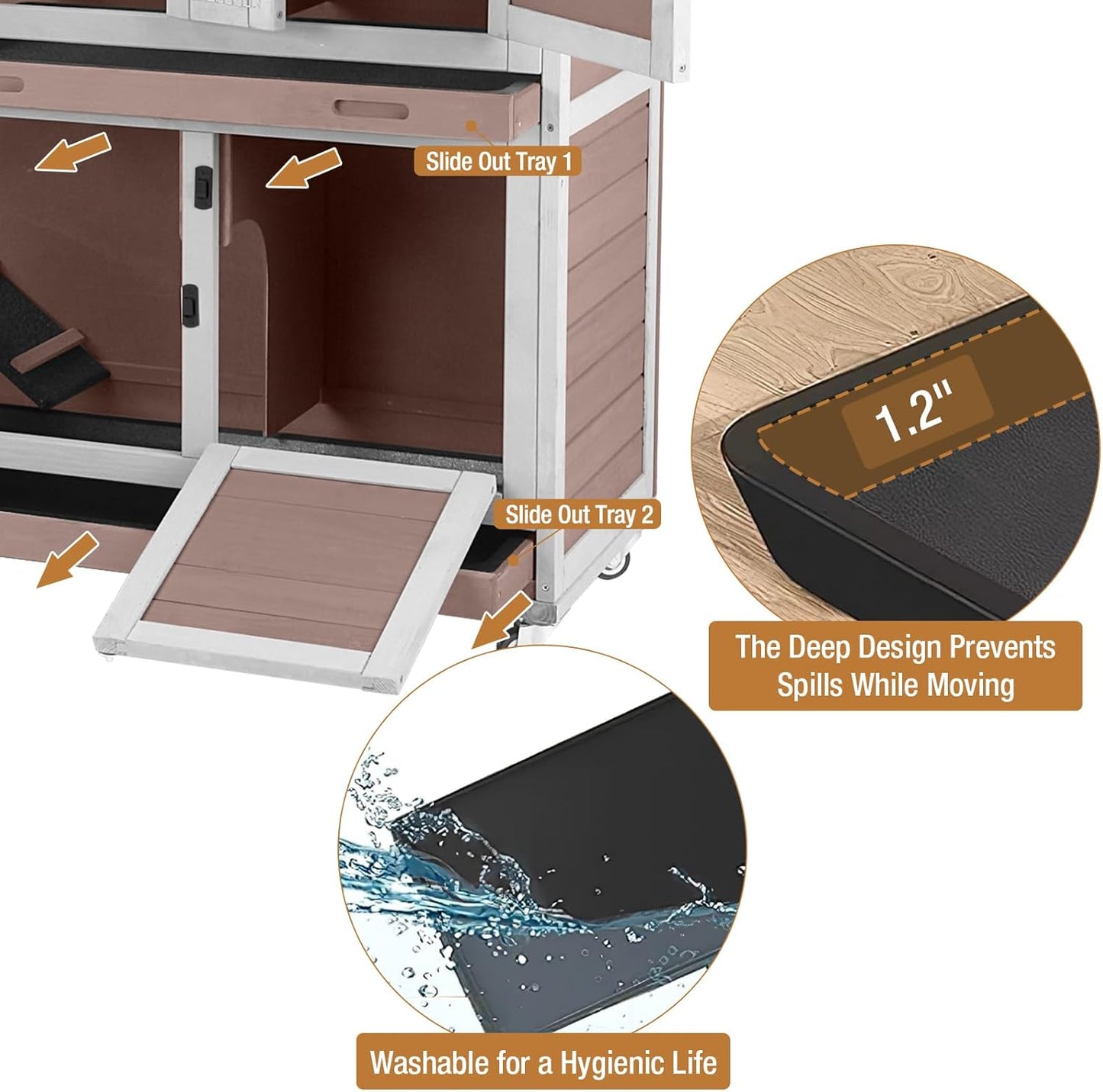 Rabbit Hutch Indoor Bunny Cage Outdoor with Casters, Guinea Pig Cage for Small Animals, Bunny Hutch with Two Plastic Trays 47inch