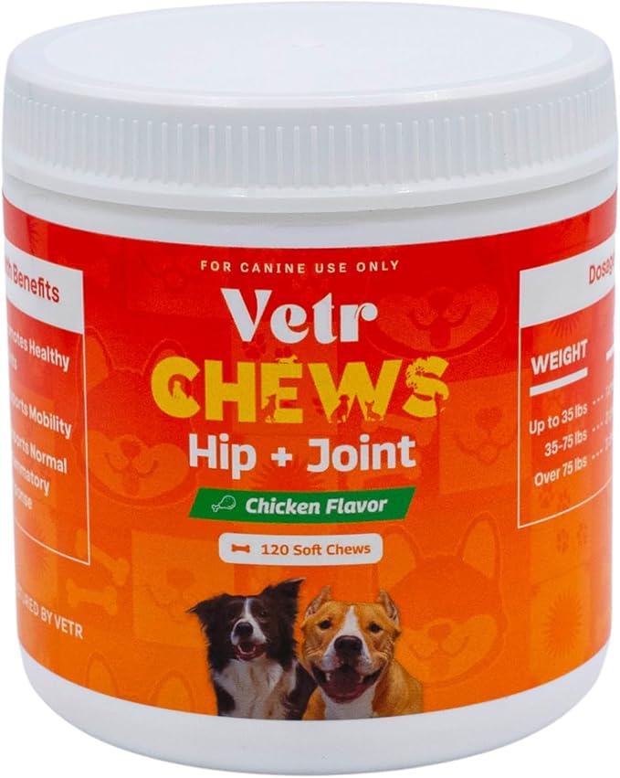 Vetr Hip and Joint Chicken Flavored Chews for Dogs - Glucosamine Chondroitin MSM Supplement - 120 Chewable Tablets - Vet-Formulated in USA