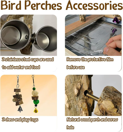 Tfwadmx Bird Perch Natural Wood Stand Toy Parrot Play Stand Platform Bird Cage with Removable Tray and 2 Stainless Steel Cups for Parakeets Canaries Cockatiels Conure Lovebirds