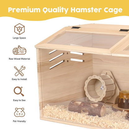 Snowtaros Wooden Hamster Cage, Large Hamster Cages and Habitats Chewproof, with 2 Openable Acrylic Top, Small Animal Cage for Mouse Gerbil Quail Dwarf Syrian Hamsters (31.5" L*15.7" W*15.7" H)