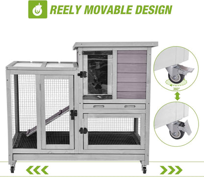 GUTINNEEN Indoor Rabbit Hutch Guinea Pig Cages with Chew-Proof Ramp, 2-Story Wooden Bunny House with Pull-Out Tray & Lockable Caster Wheels, Small Animal Cage for 2-4 Rabbits & Guinea Pigs (Grey)