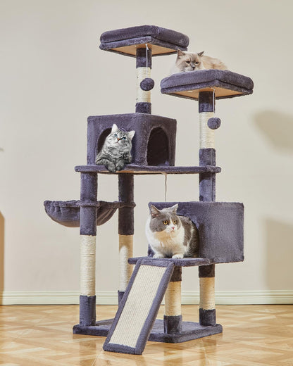 Taoqimiao 56.3-Inch Cat Tree, Cat Tower with Scratching Posts, Cat Tree House for Indoor Cats with hammocks, Toys, Condo and Large Scratch Board, Smoky Gray MS012G