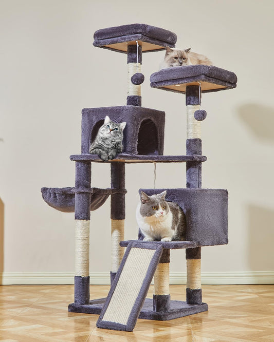 Taoqimiao 56.3-Inch Cat Tree, Cat Tower with Scratching Posts, Cat Tree House for Indoor Cats with hammocks, Toys, Condo and Large Scratch Board, Smoky Gray MS012G