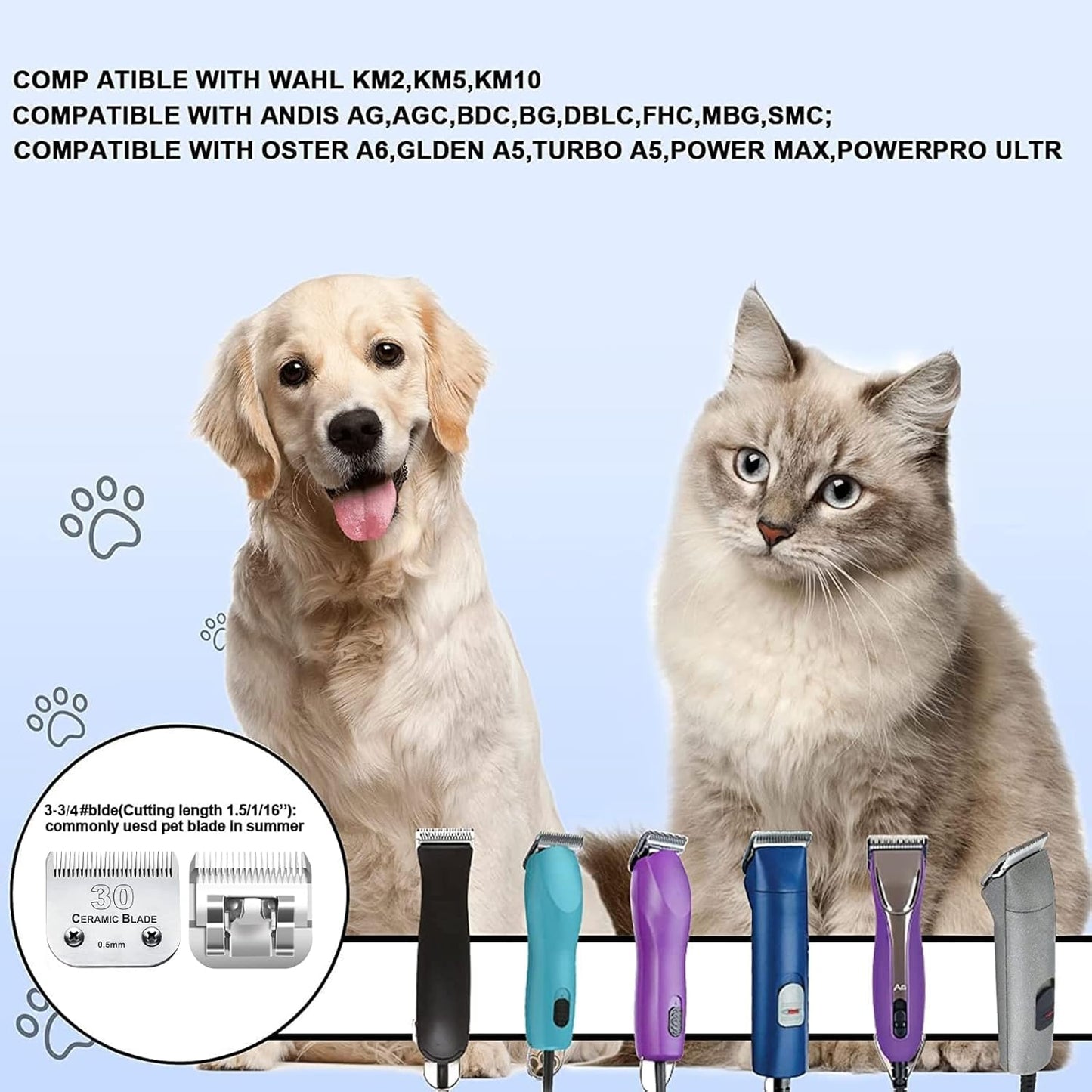 3PCS 30 Blades Dog Grooming Clipper Blades Compatible with Andis Pet Clipper/Oster A5/Wahl KM Series Dog Clipper,Ceramic Blade & Stainless Steel Blade