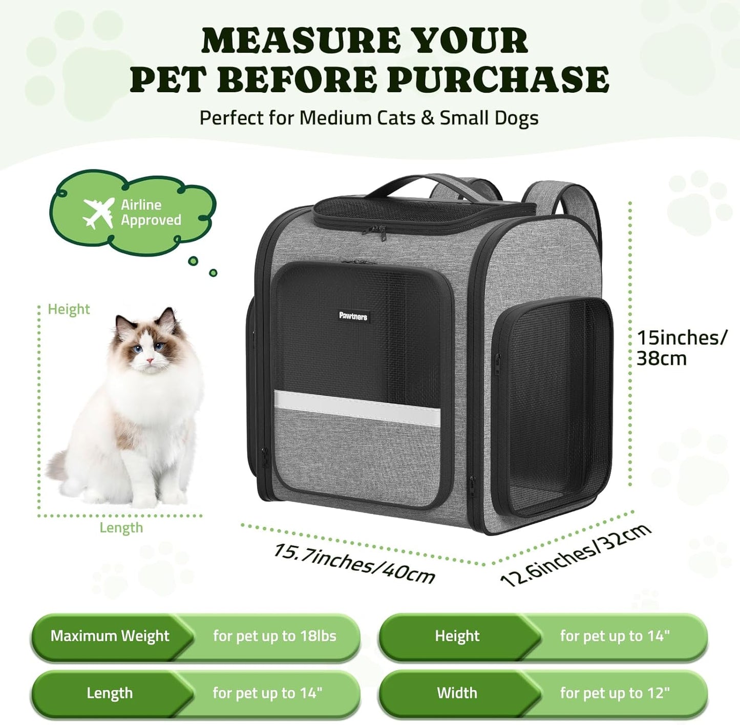 Pawtners Dog Backpack Carrier Large Pet Carrier Backpack for Kitten Small Dogs Puppies & Large Cats Up to 18 Lbs, Breathable Dog Backpack with Anti-Scratch Mesh, Ventilated Design, Perfect for Travel - Pawvie