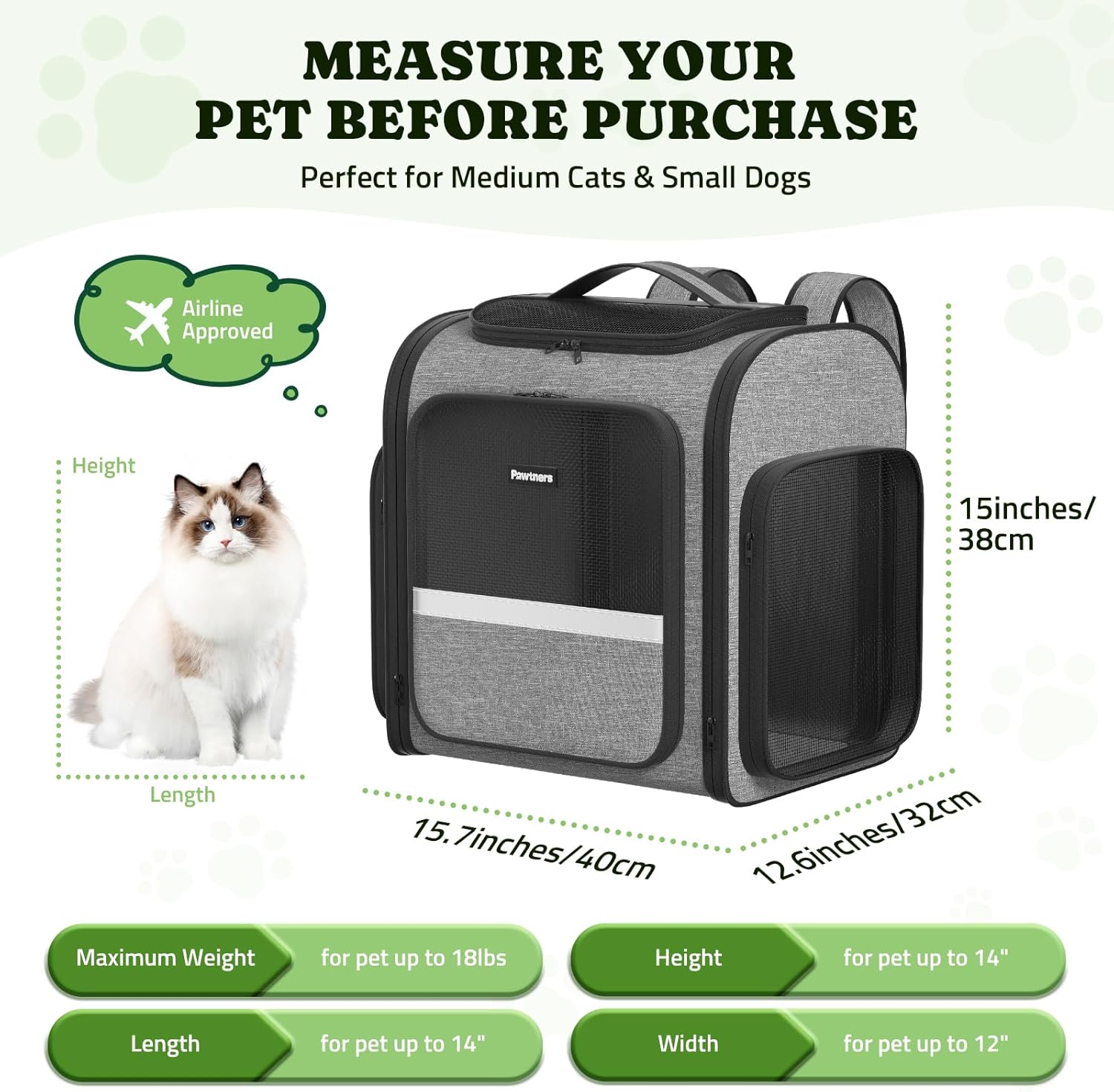 Pawtners Dog Backpack Carrier Large Pet Carrier Backpack for Kitten Small Dogs Puppies & Large Cats Up to 18 Lbs, Breathable Dog Backpack with Anti-Scratch Mesh, Ventilated Design, Perfect for Travel - Pawvie