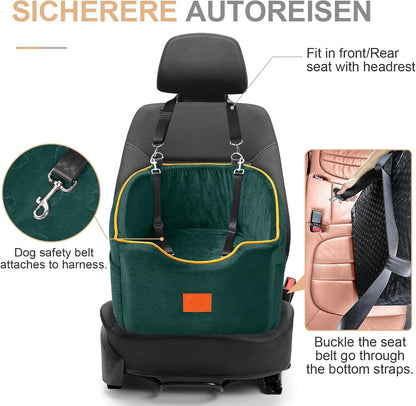 Dog Car Seat for Small Dogs, Memory Foam Booster Dog Seat for Dogs up to 35 lbs, Elevated Pet Car Seat, Travel Safety Pet Seat with Washable Removable Cover, Storage Pockets (Green)