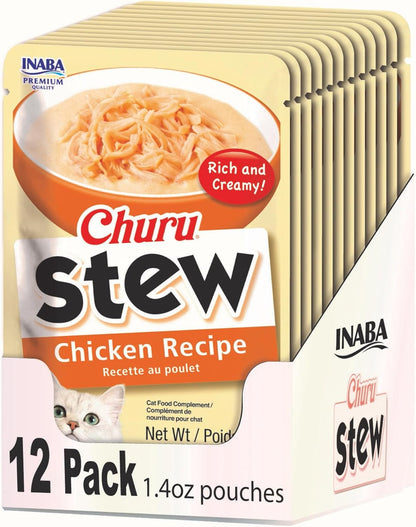 INABA Churu Stew for Cats, Creamy Broth Gelée with Shredded Chicken Topper/Treat Pouch with Vitamin E, 1.4 Ounces per Pouch, 12 Pouches, Chicken Recipe