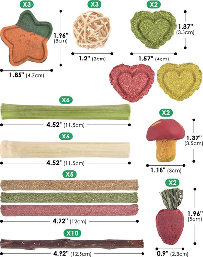 ERKOON 53 Bunny Chew Toys for Rabbits Teeth, Natural Rabbit Toys Apple Wood Sticks, Carrot, Timothy Grass for Small Pets, Hamster, Chinchilla, Guinea Pig Dental Care and Treat Teething(53)