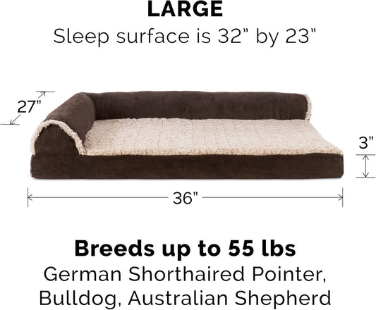 Furhaven Cooling Gel Dog Bed for Large/Medium Dogs w/ Removable Bolsters & Washable Cover, For Dogs Up to 55 lbs - Two-Tone Plush Faux Fur & Suede L Shaped Chaise - Espresso, Large