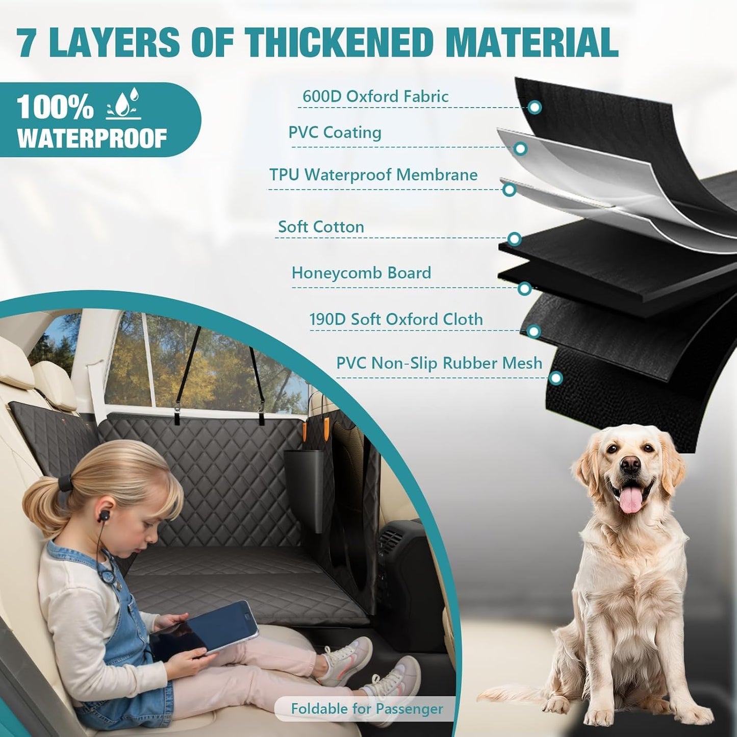 Waterproof Dog Car Seat Cover for Back Seat – Heavy Duty Back Seat Extender for Dogs with Hard Bottom, 7-Layer Protection, Non-Slip & Scratchproof, Easy to Install (Black) - Pawvie