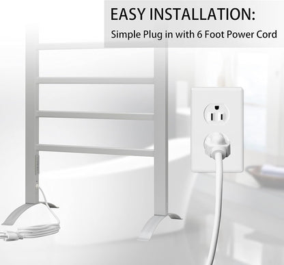 KEG Towel Warmer 6 Bars for Bathroom Freestanding or Wall Mounted Bath Towel Heater Plug-in with Built-in Timer Silver