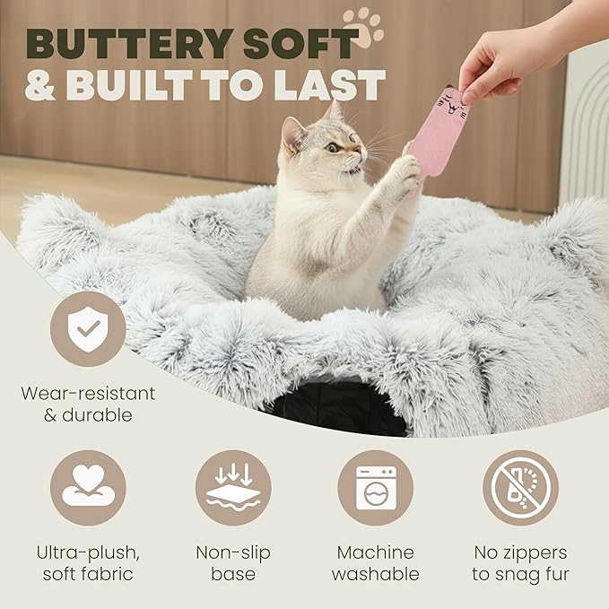 3-in-1 Cat Tunnel Bed Cave with Fun Catnip Interactive Stimulating Kitten Toys for Indoor Bored Cats - Peekaboo Hideaway & Donut Tunnel - Foldable Cute Furry Fuzzy Bed - 32"