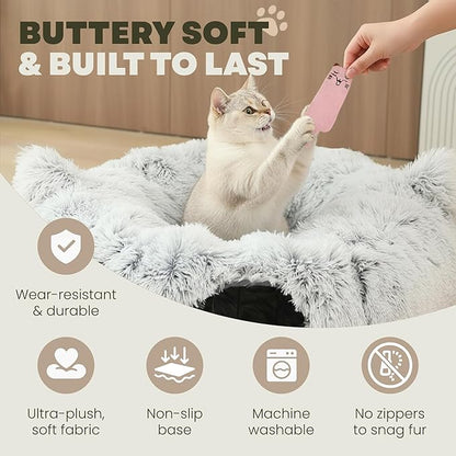 3-in-1 Cat Tunnel Bed Cave with Fun Catnip Interactive Stimulating Kitten Toys for Indoor Bored Cats - Peekaboo Hideaway & Donut Tunnel - Foldable Cute Furry Fuzzy Bed - 32"