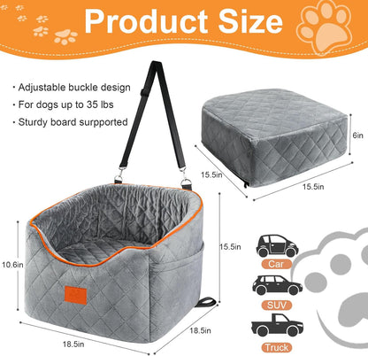Dog Car Seat for Small Dogs, Memory Foam Booster Dog Seat for Dogs up to 35 lbs, Elevated Pet Car Seat with Washable Removable Cover, Storage Pockets (Gray)