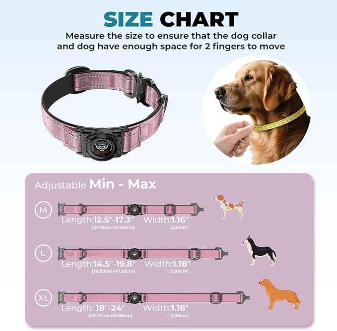 2026 Upgrade Airtag Dog Collar, Reflective Dog Collar with Airtag Holder, IP68 Waterproof| Metal Buckle| Ultra-Durable| Comfortable Padded, GPS Dog Collars for Medium Large Dogs (Pink,L)