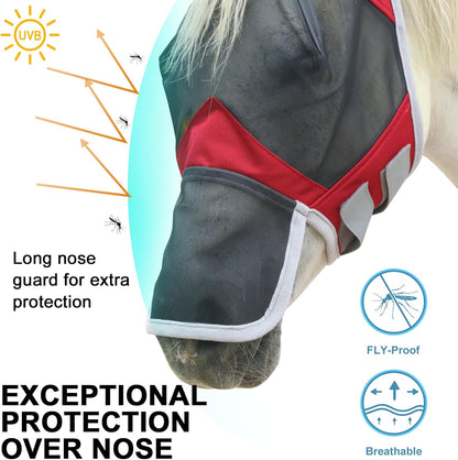 Horse Fly Mask with Ears & Long Nose Cover | Forelock Opening for Tangle-Free Mane Care | UV Protection & Breathable Mesh | No Rub Fit and Enhanced Visbility for Trail Riding Red Pony